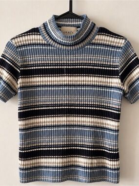 GRACE Blue Striped Ribbed Mock Neck Top